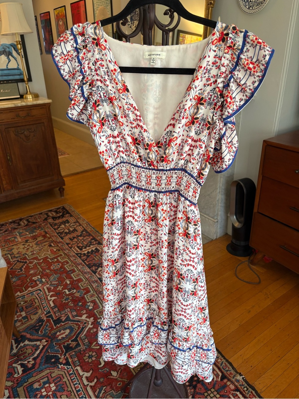 Max Studio Smocked V-Neck Midi Dress in White with Red Floral Print